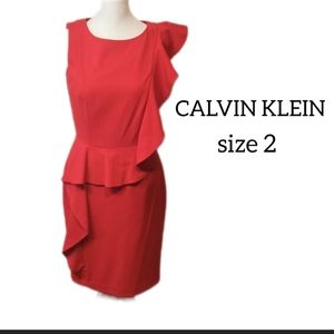 CALVIN KLEIN RED DRESS SLEEVELESS WITH FRONT RAFFLE SIZE 2